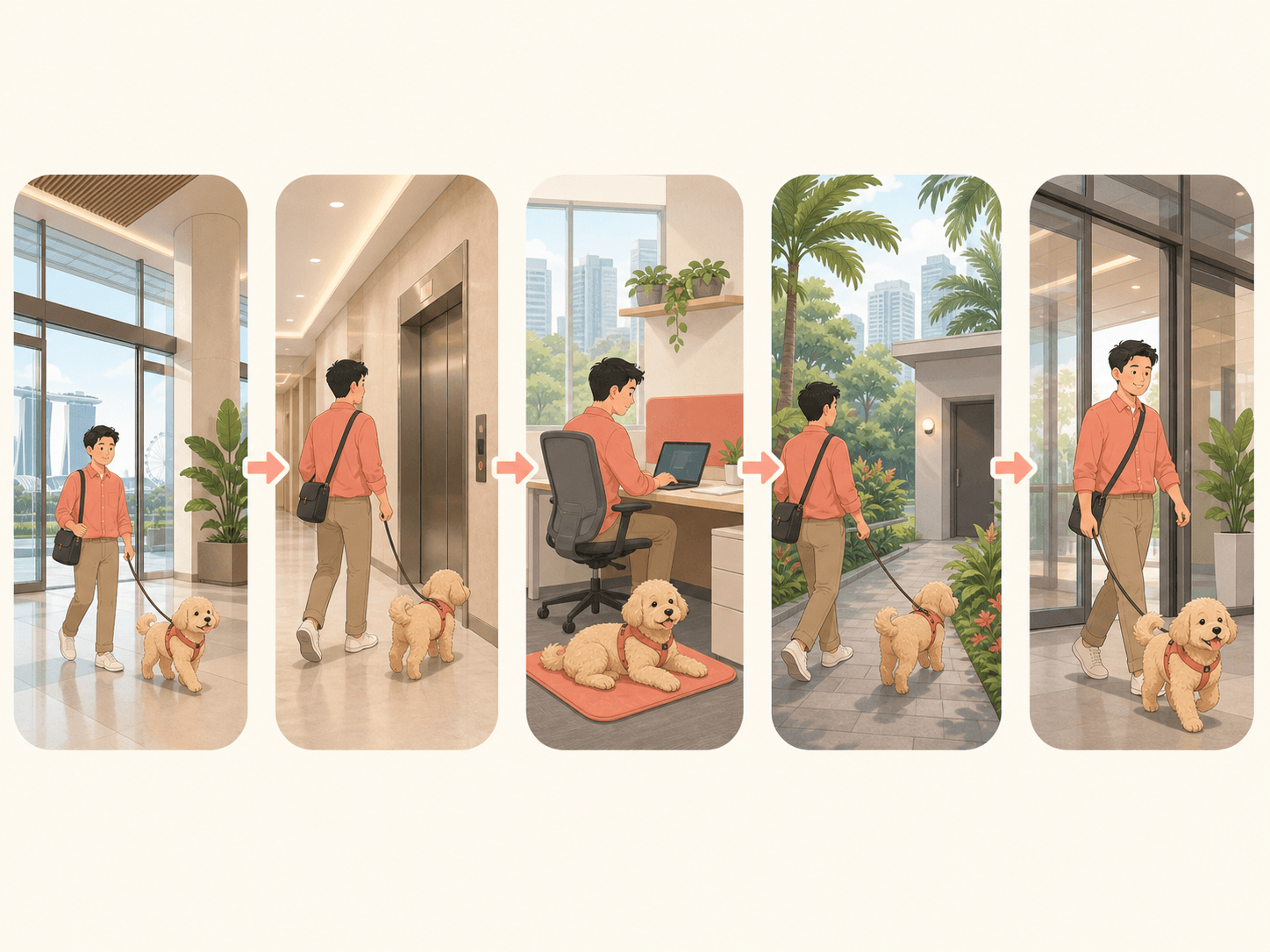 A step-by-step visual sequence shows a leashed dog moving from office entry to retreat spot, toilet route, and exit plan.