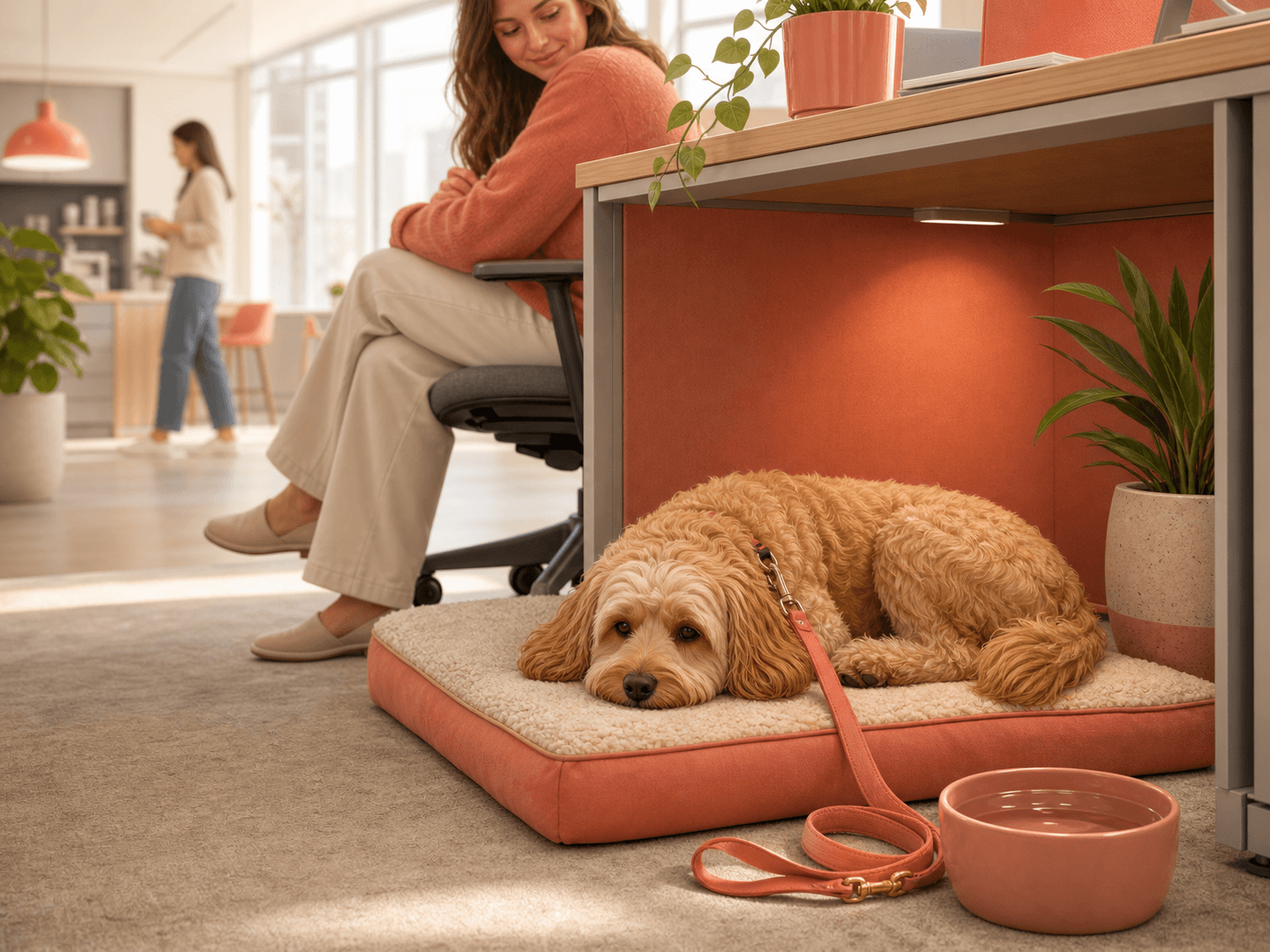 A dog lies on a quiet mat beside its owner’s desk away from office foot traffic and pantry movement.