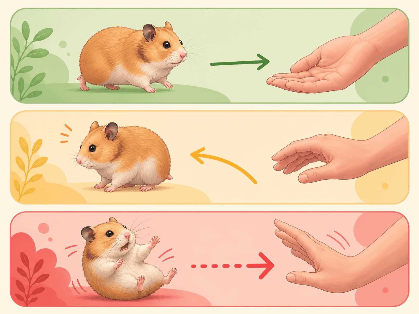 A three-part diagram shows calm, cautious, and distressed hamster body language around a human hand.