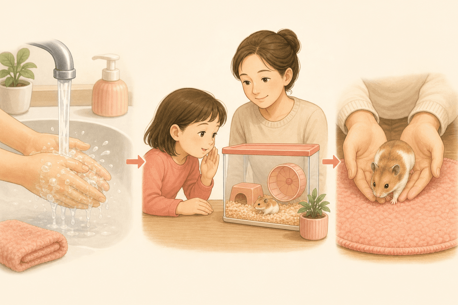 A sequence shows washing hands, speaking before contact, and offering cupped hands low over a soft mat.