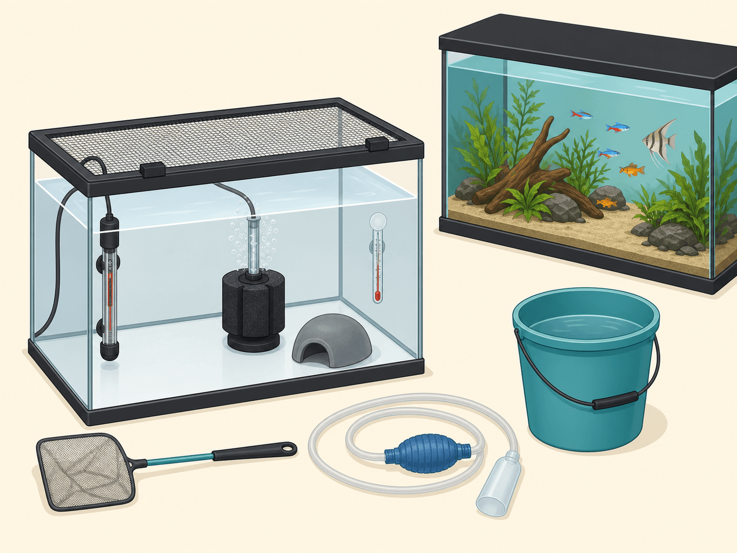 A bare quarantine tank is shown with filtration, heating, a cover, hiding place, and separate tools.