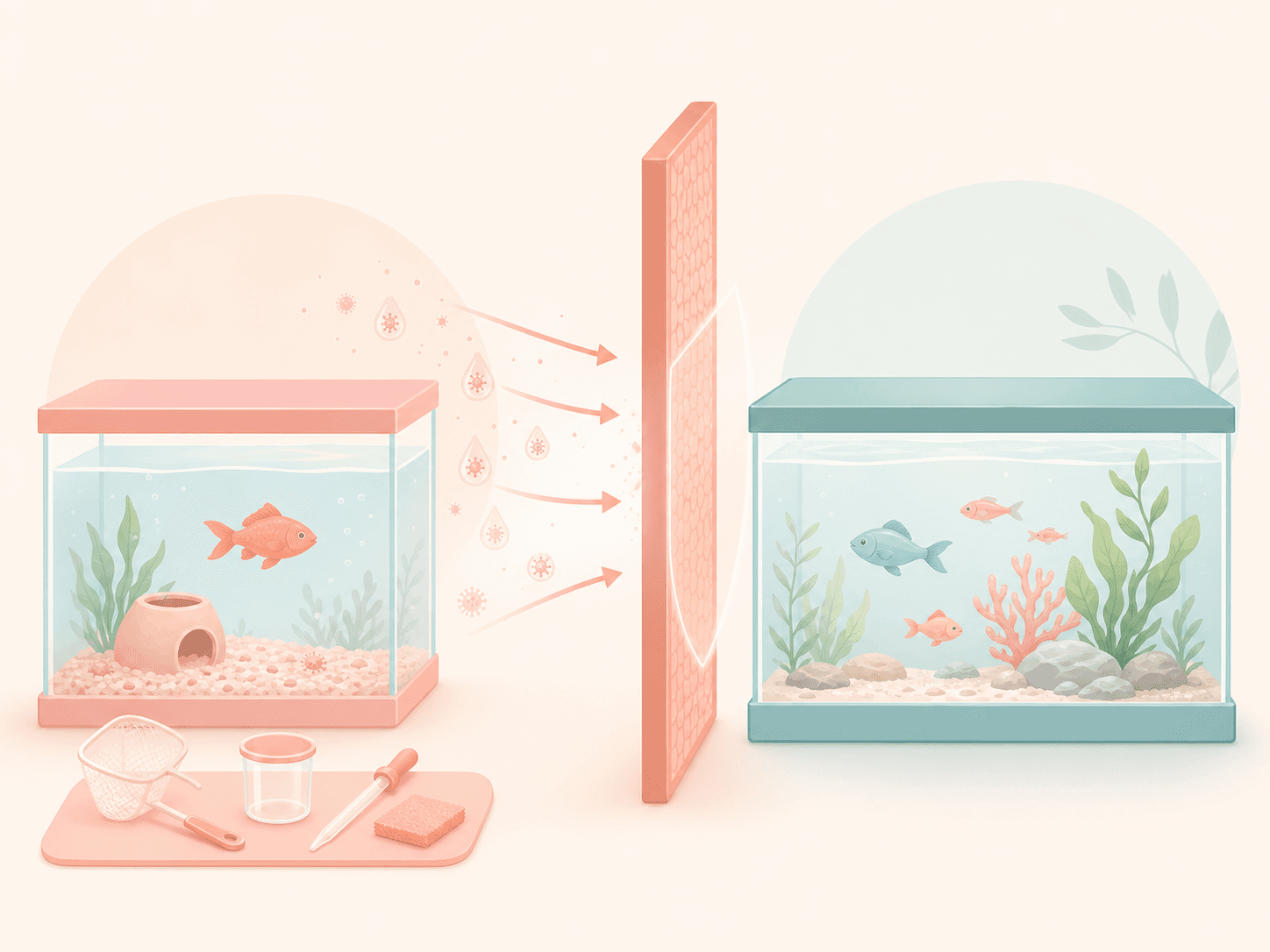 Two aquariums are kept separate with dedicated tools to reduce disease transfer risk.