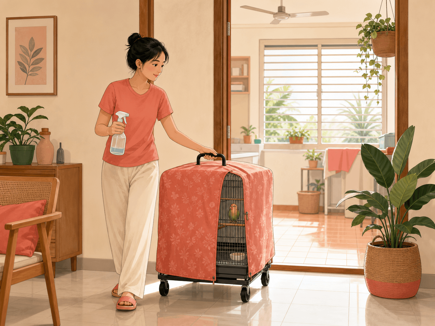 A pet owner moves a bird cage to another room before using a cleaning spray.