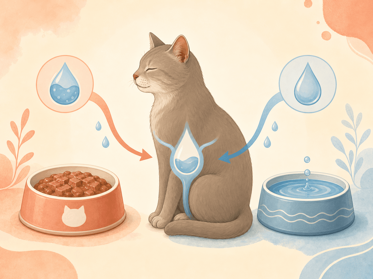 A diagram shows wet food and drinking water both contributing to a cat's daily hydration.