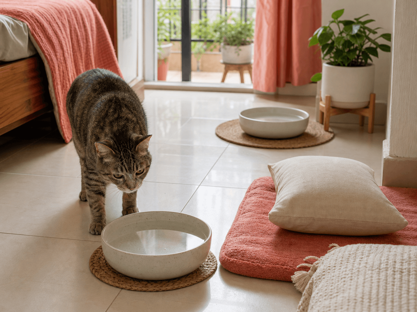 A senior cat approaches one of two clean water bowls placed in quiet areas of a home.