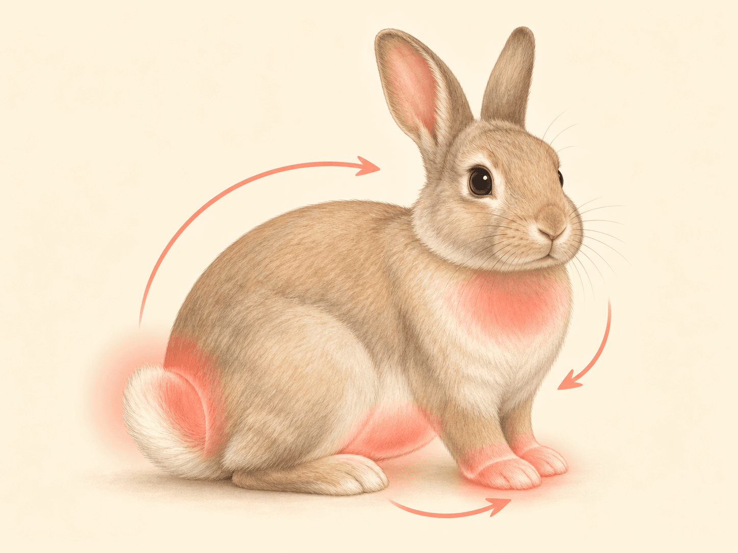 A rabbit diagram highlights the rear end, tail base, belly, dewlap, and feet as grooming check areas.