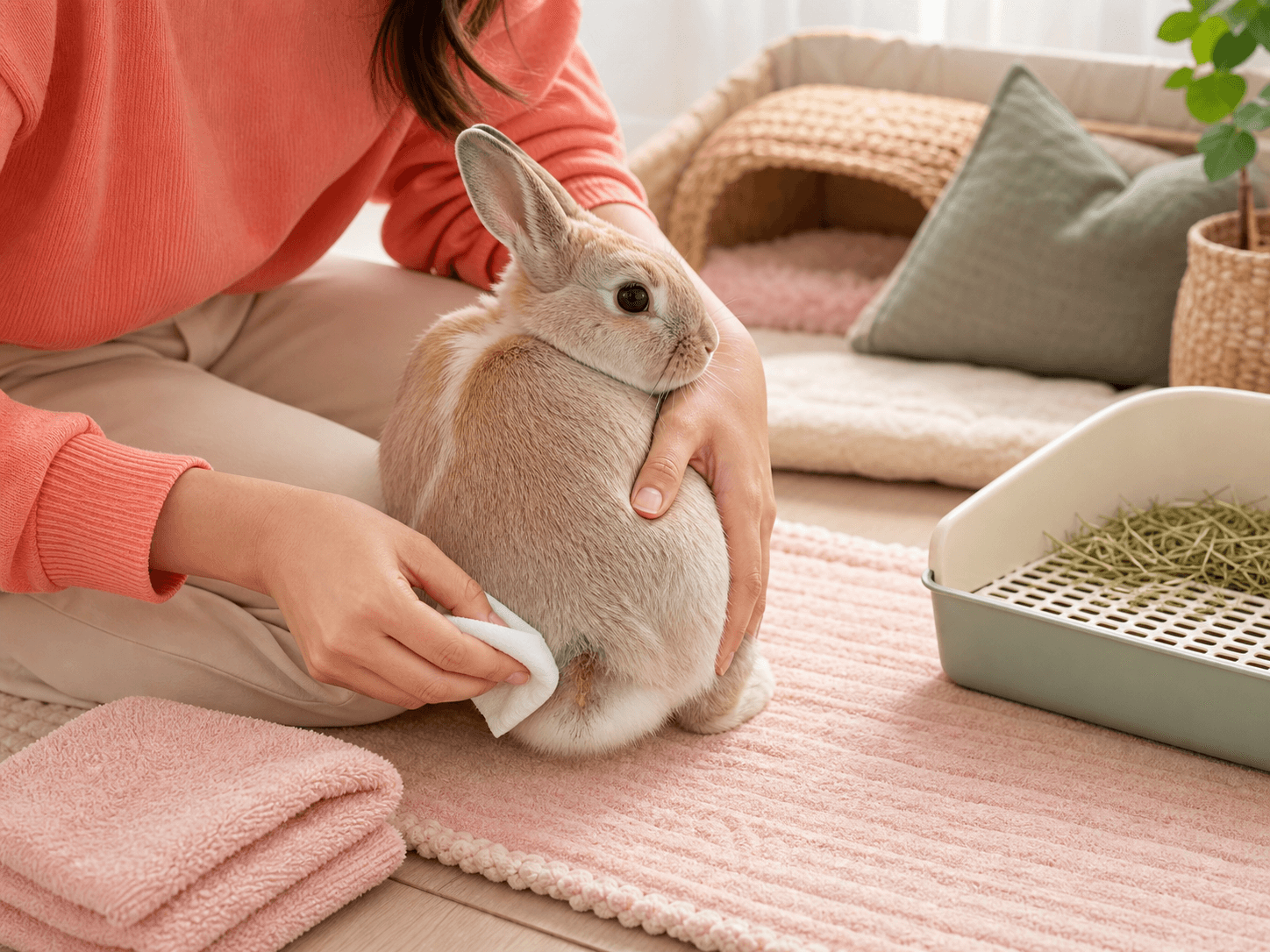 An owner carefully spot-cleans a small damp area on a rabbit while dry bedding is nearby.