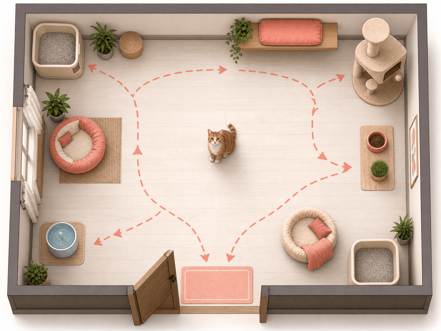 A simple room layout shows duplicated cat resources placed away from the doorway in a small shared room.