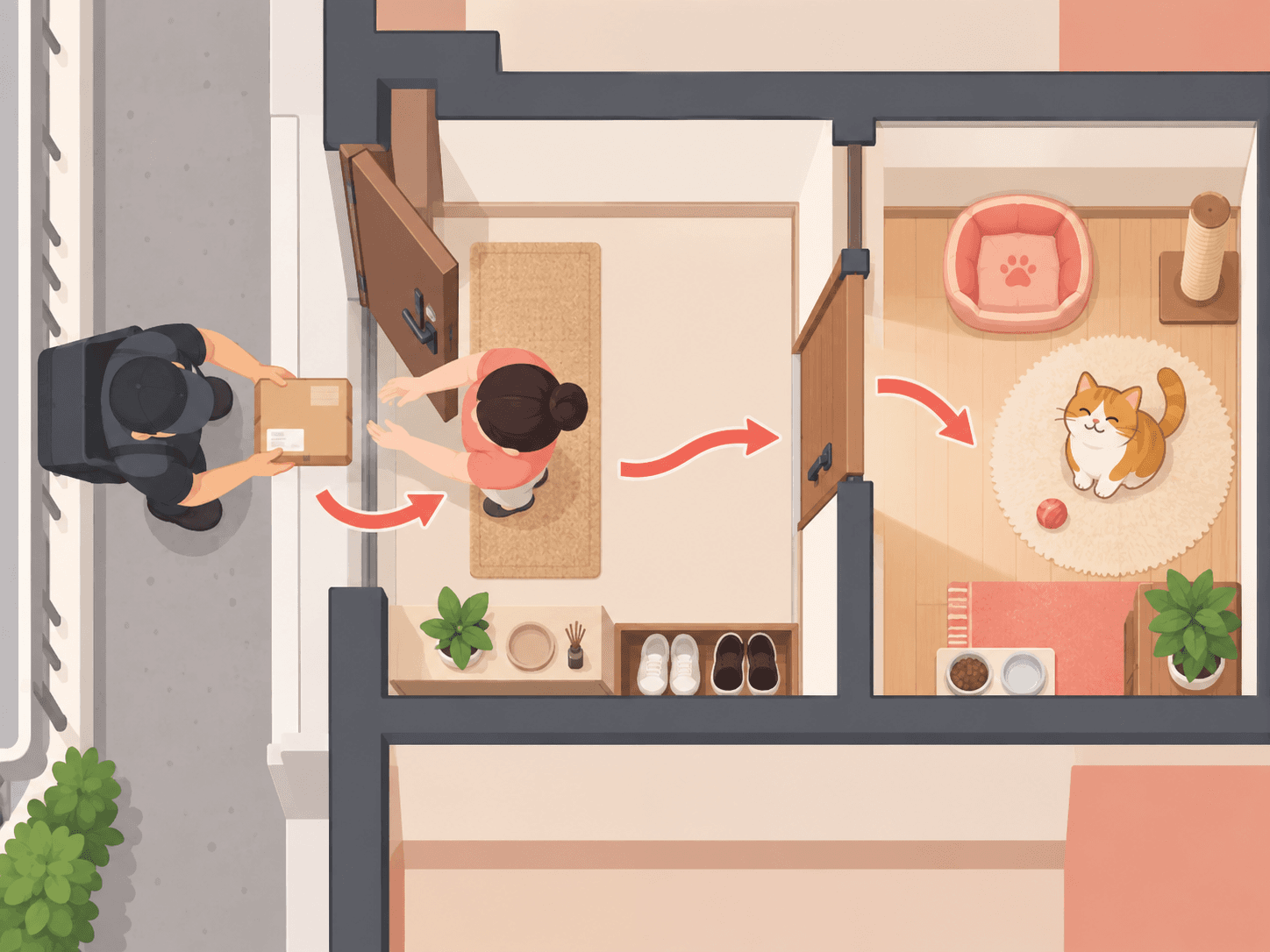 A top-down diagram shows a cat kept behind an interior barrier while a person opens the apartment door for a delivery.