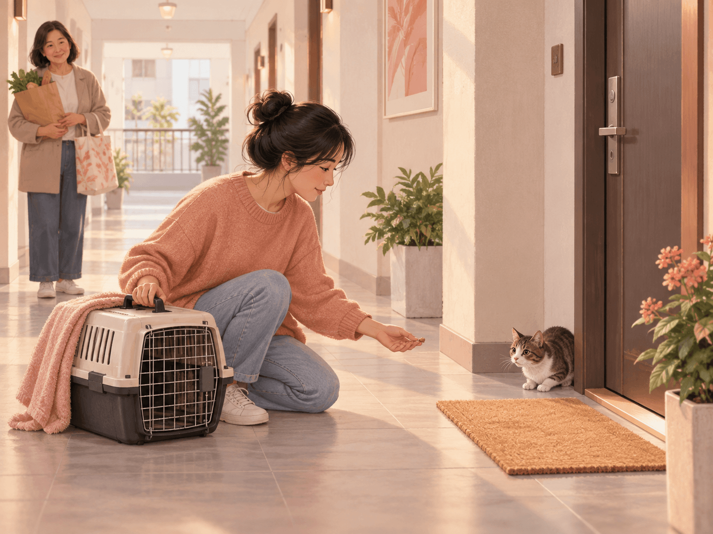 An owner calmly crouches near a loose cat in an apartment corridor while a neighbour gives them space.
