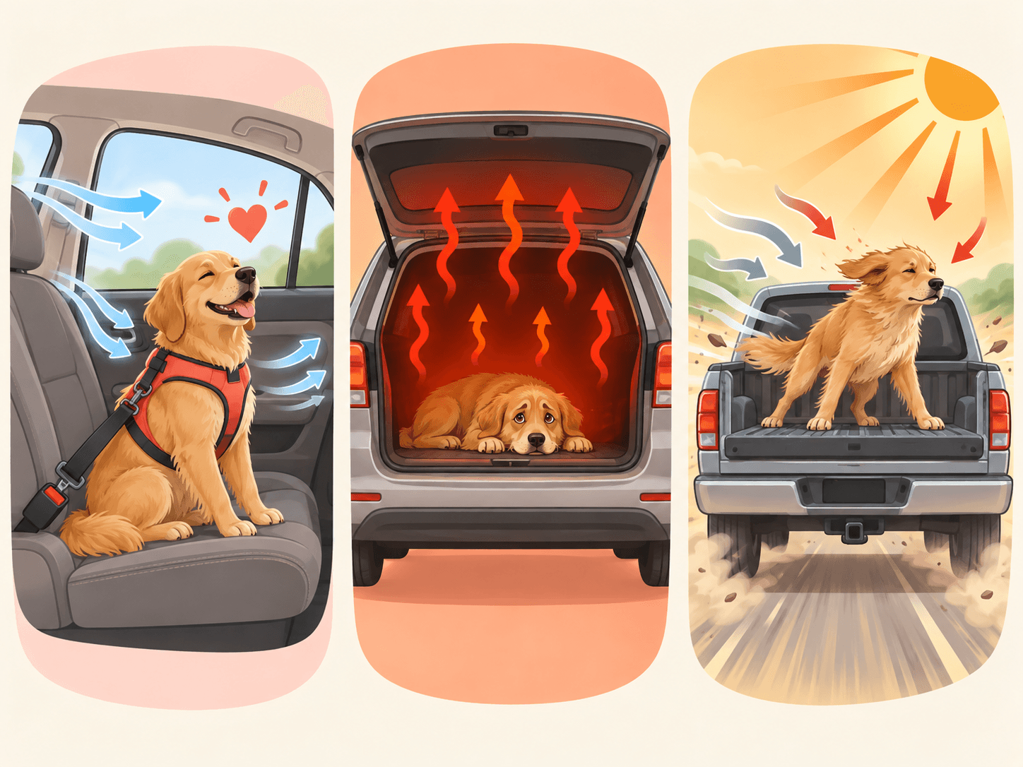 A diagram contrasts a restrained dog in the passenger cabin with risky boot and open pickup transport spaces.