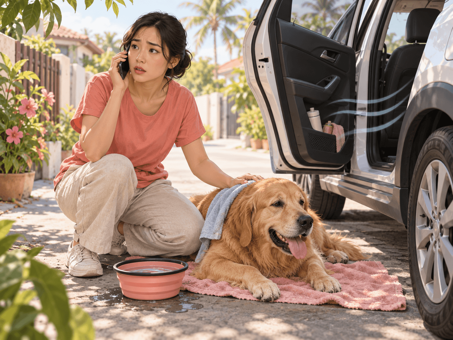 An owner helps a panting dog cool down in the shade beside a parked car while seeking urgent care.