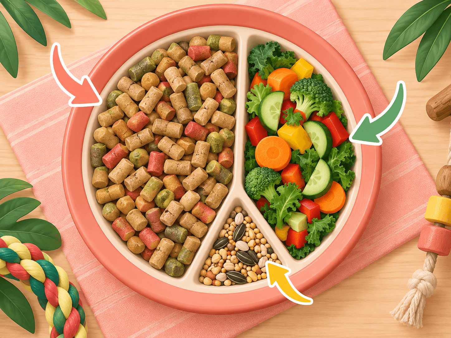 A divided bird-feeding plate shows pellets as the largest portion, fresh food as a smaller portion, and seeds as a tiny portion.