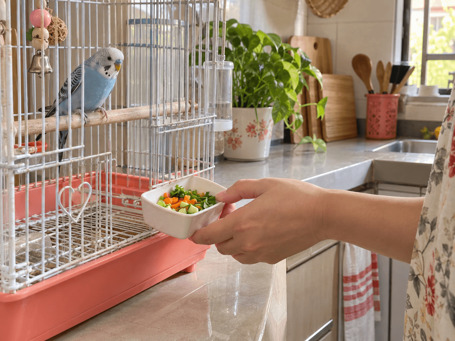 A caregiver removes a small dish of fresh vegetables from a budgie cage to keep the feeding area clean.