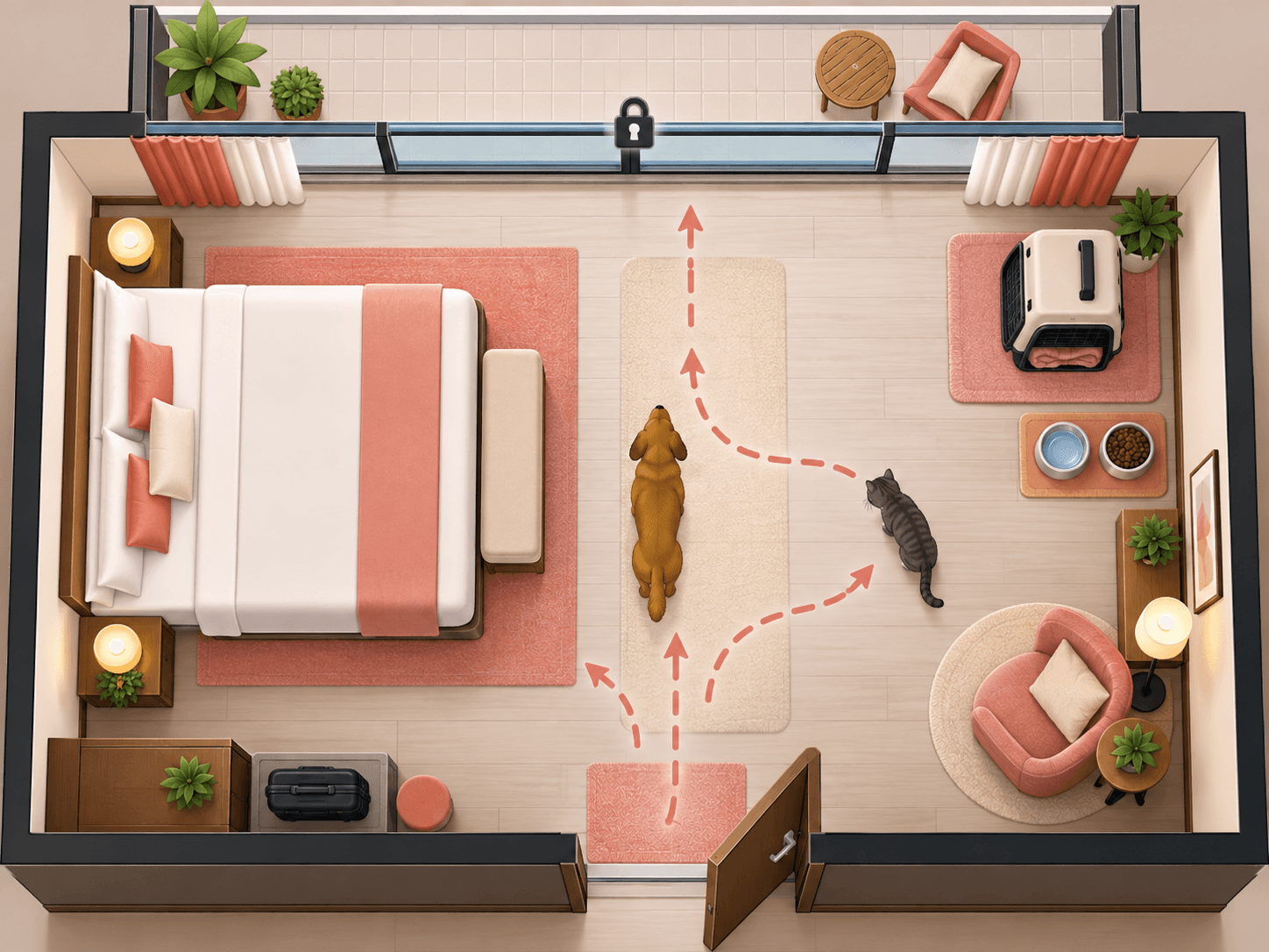 A top-down room layout shows safer zones for pets, including a blocked balcony, rug path, carrier corner, and doorway buffer.