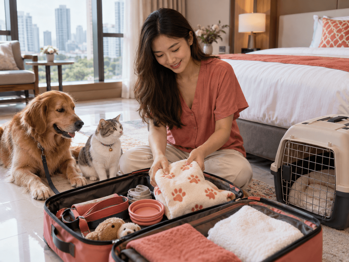 A pet owner prepares travel items for a dog and cat beside a hotel bed before arrival.