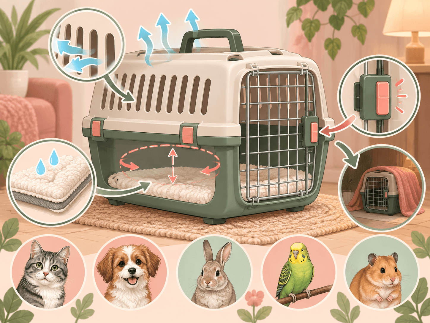 A diagram shows key safety features of a ventilated pet travel carrier with arrows pointing to airflow, secure closure, and bedding.