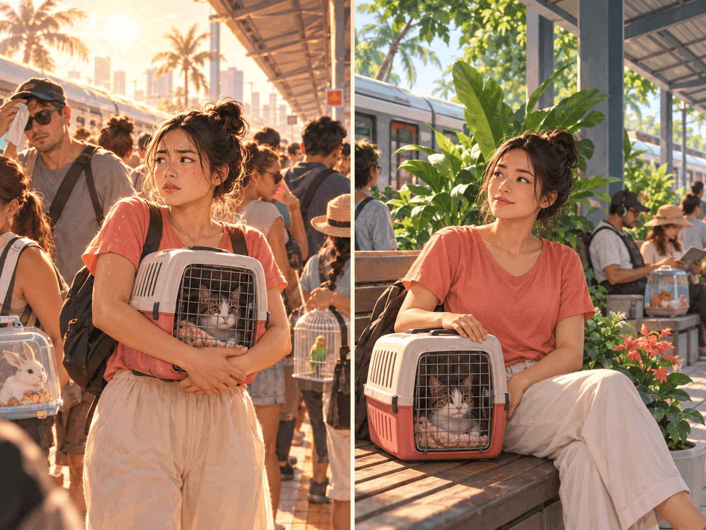 A comparison scene shows a pet carrier near a busy hot platform and then in a calmer shaded waiting area.