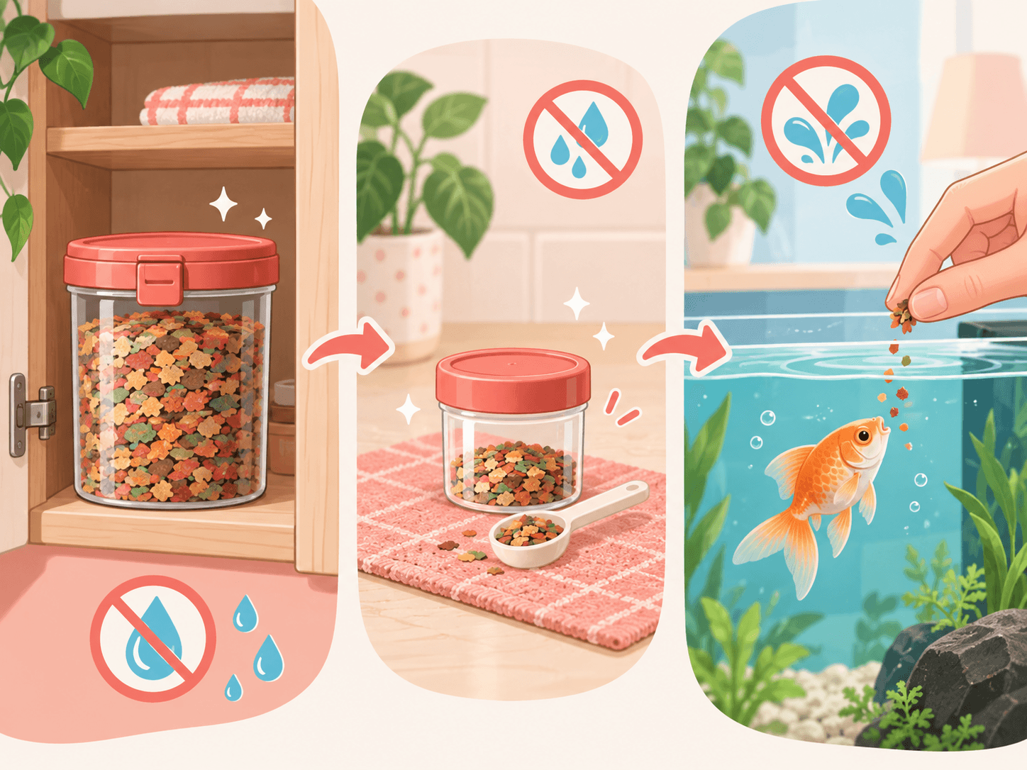 A simple storage flow shows fish food kept sealed, portioned into a small dry container, and fed in small amounts.