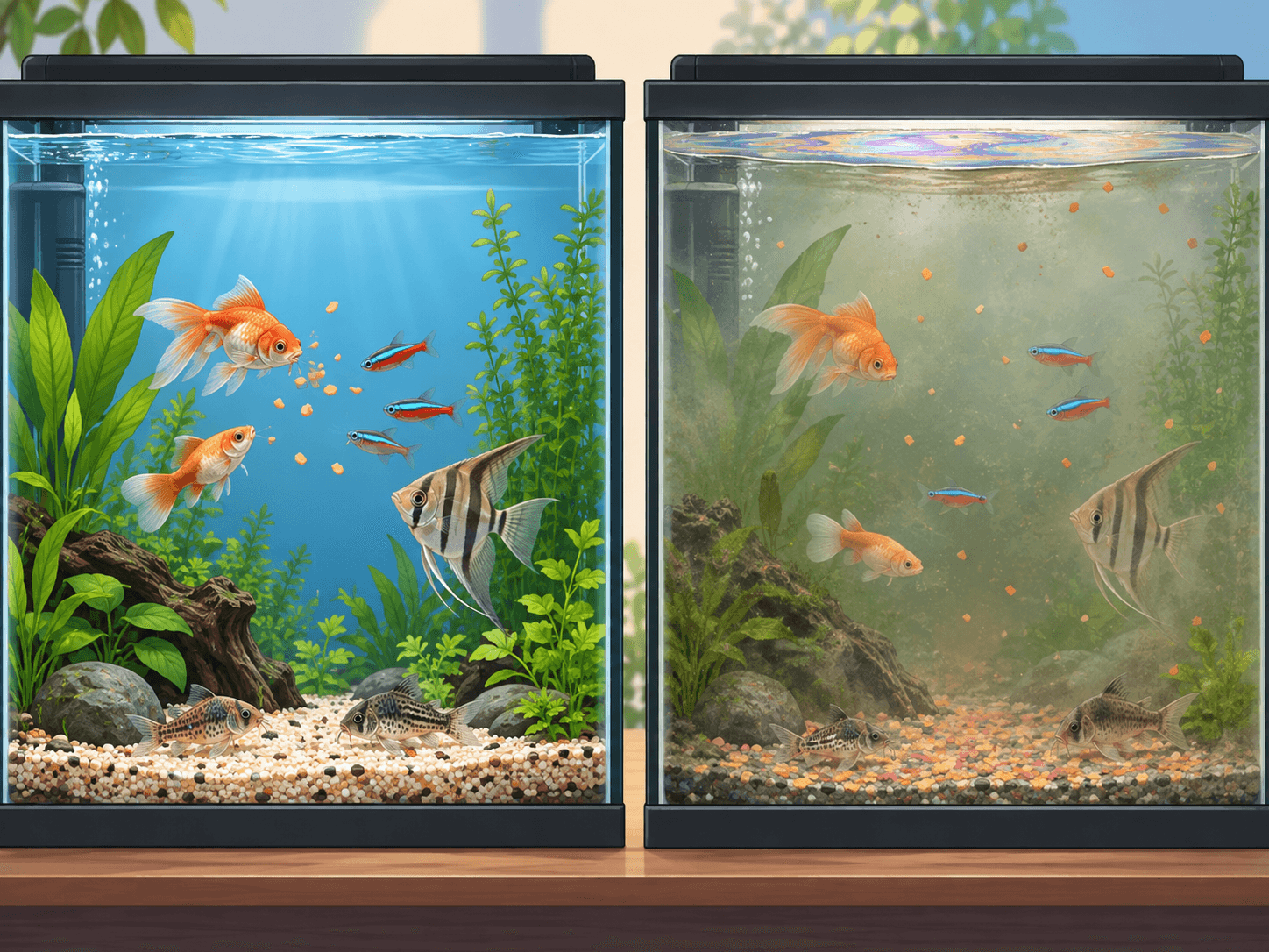 Two aquarium scenes compare a small eaten portion with an overfed tank showing leftovers and cloudy water.