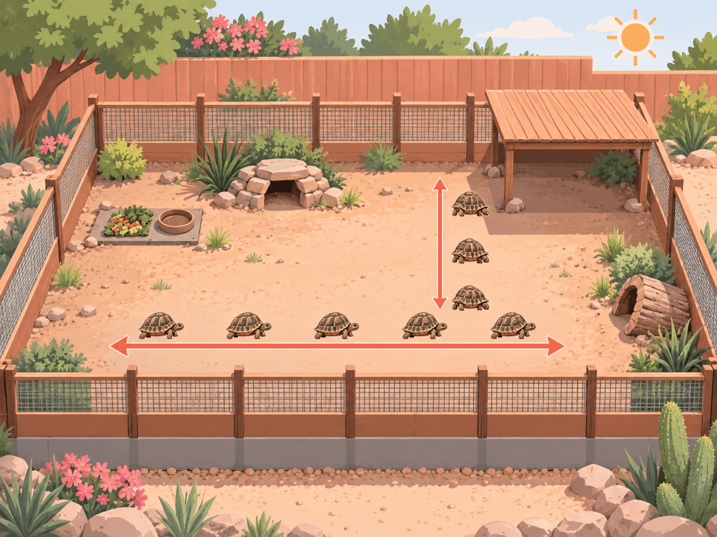 A scale diagram shows a tortoise enclosure with secure fencing, shade, shelter, food space, and room to walk.