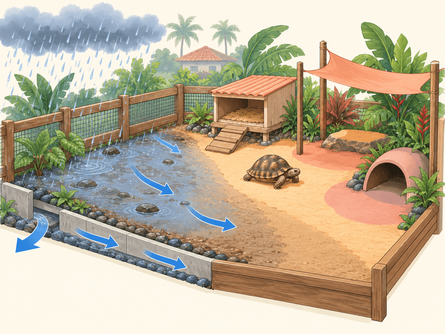 A tortoise enclosure diagram shows rainwater draining away from a raised dry shelter and shaded retreat areas.