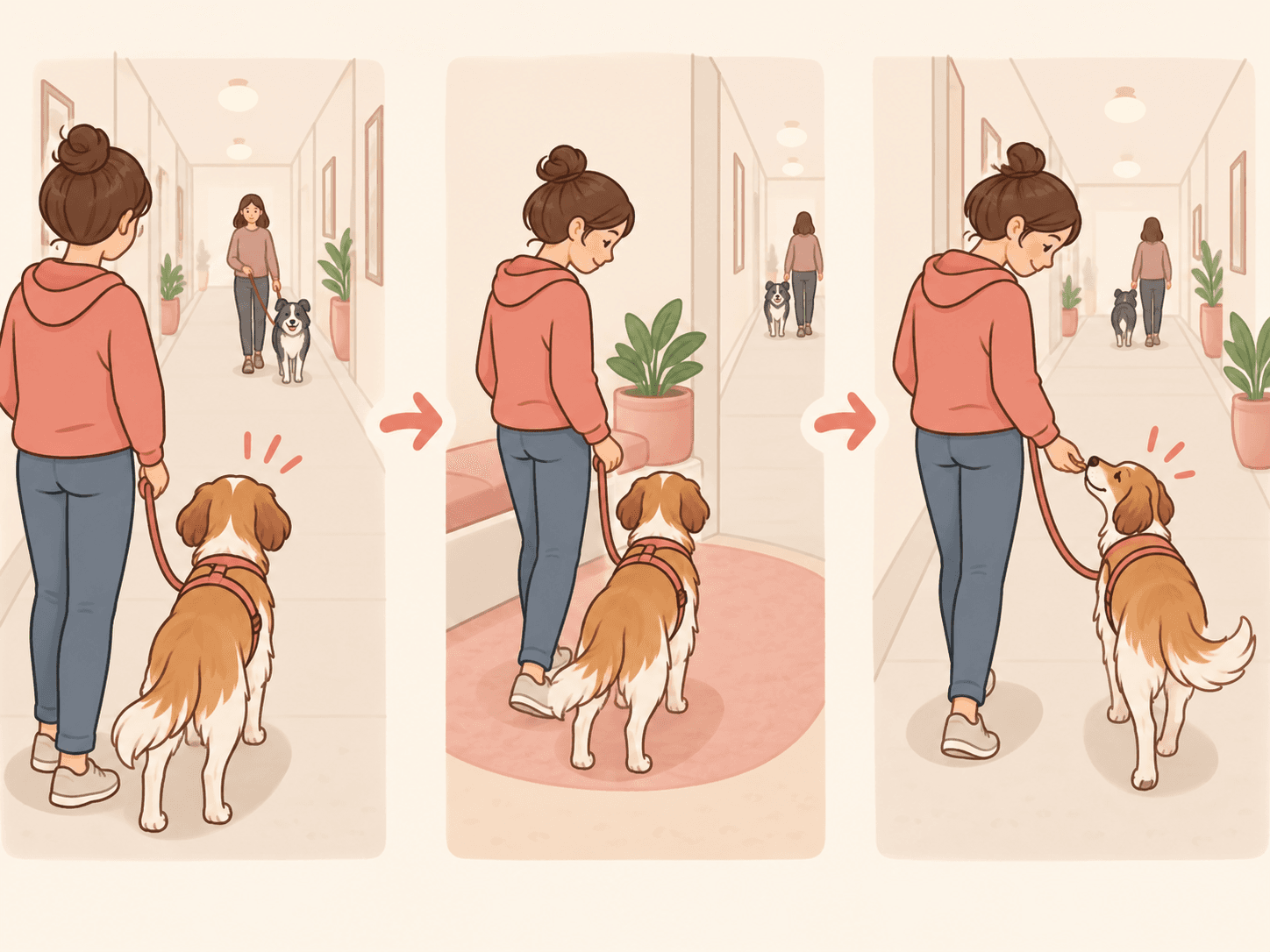 A three-step visual sequence shows an owner noticing early, creating distance, and rewarding a dog for looking back calmly.