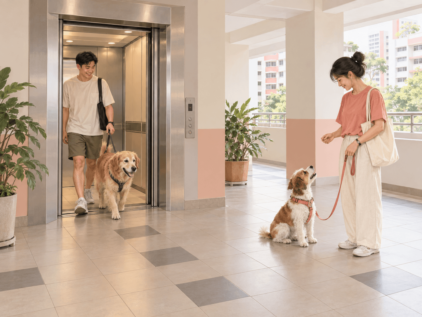 A dog owner waits calmly near a lift landing while another neighbour and dog pass with space.