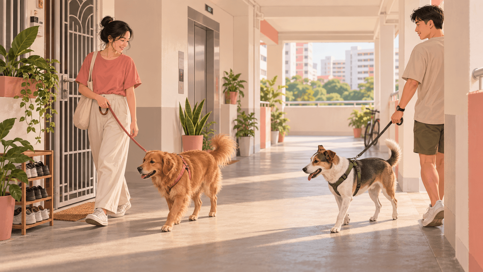 Singapore Shared Corridors: Calm Dog Passing Without Fence-Fighting Energy