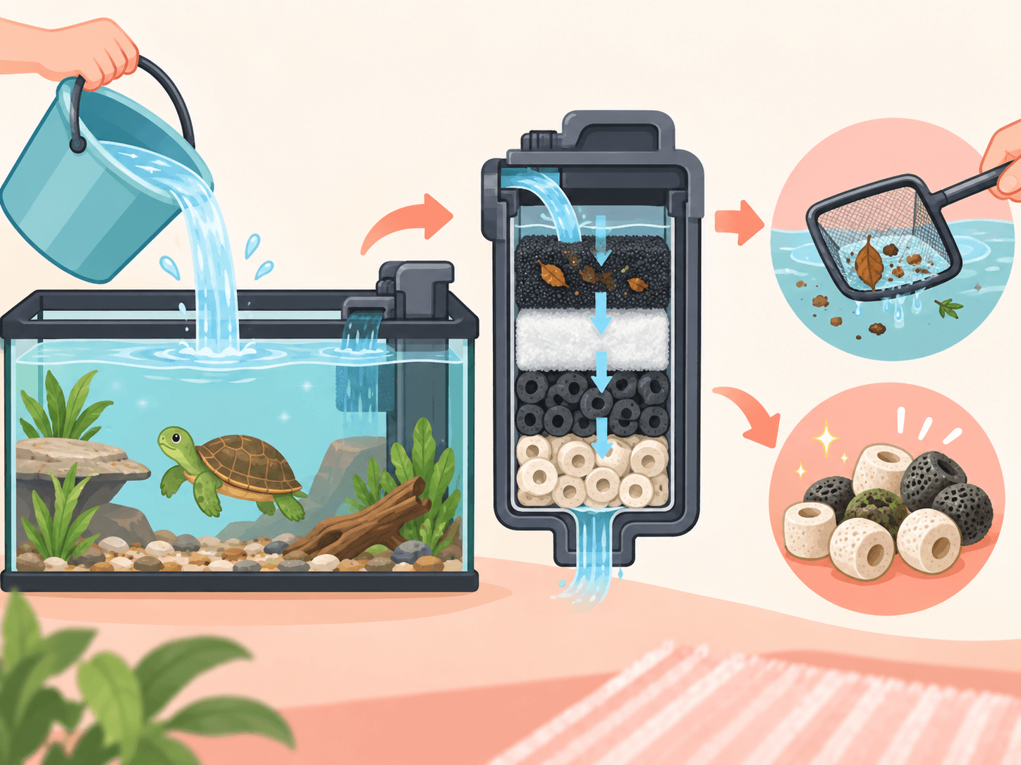 A simple diagram shows conditioned water, debris removal, and preserved filter media as part of turtle tank care.