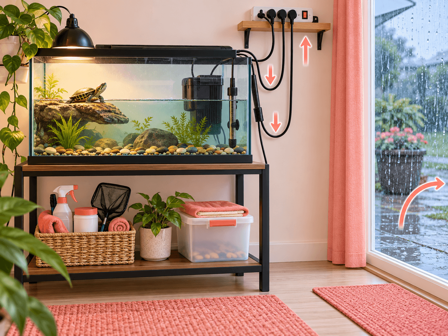 A turtle tank setup shows cords arranged in drip loops and electrical equipment kept away from wet floors.