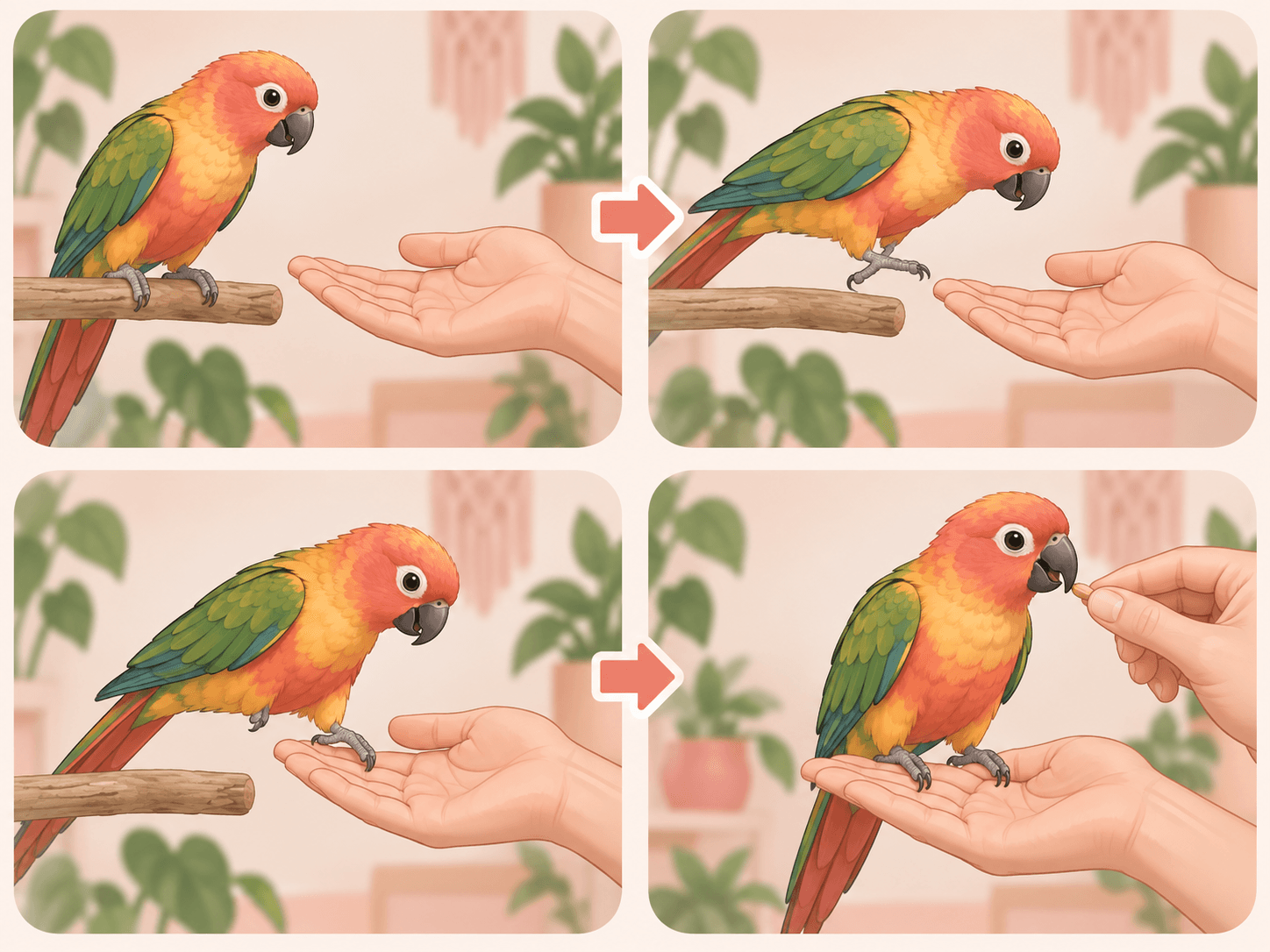 A four-step sequence shows a parrot gradually moving from a perch onto a steady hand for a reward.