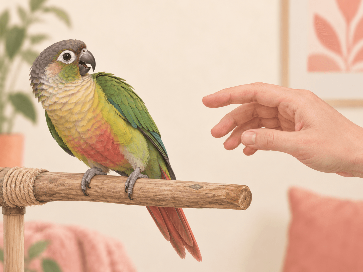 A parrot leans away with an open beak while a hand pauses at a respectful distance.