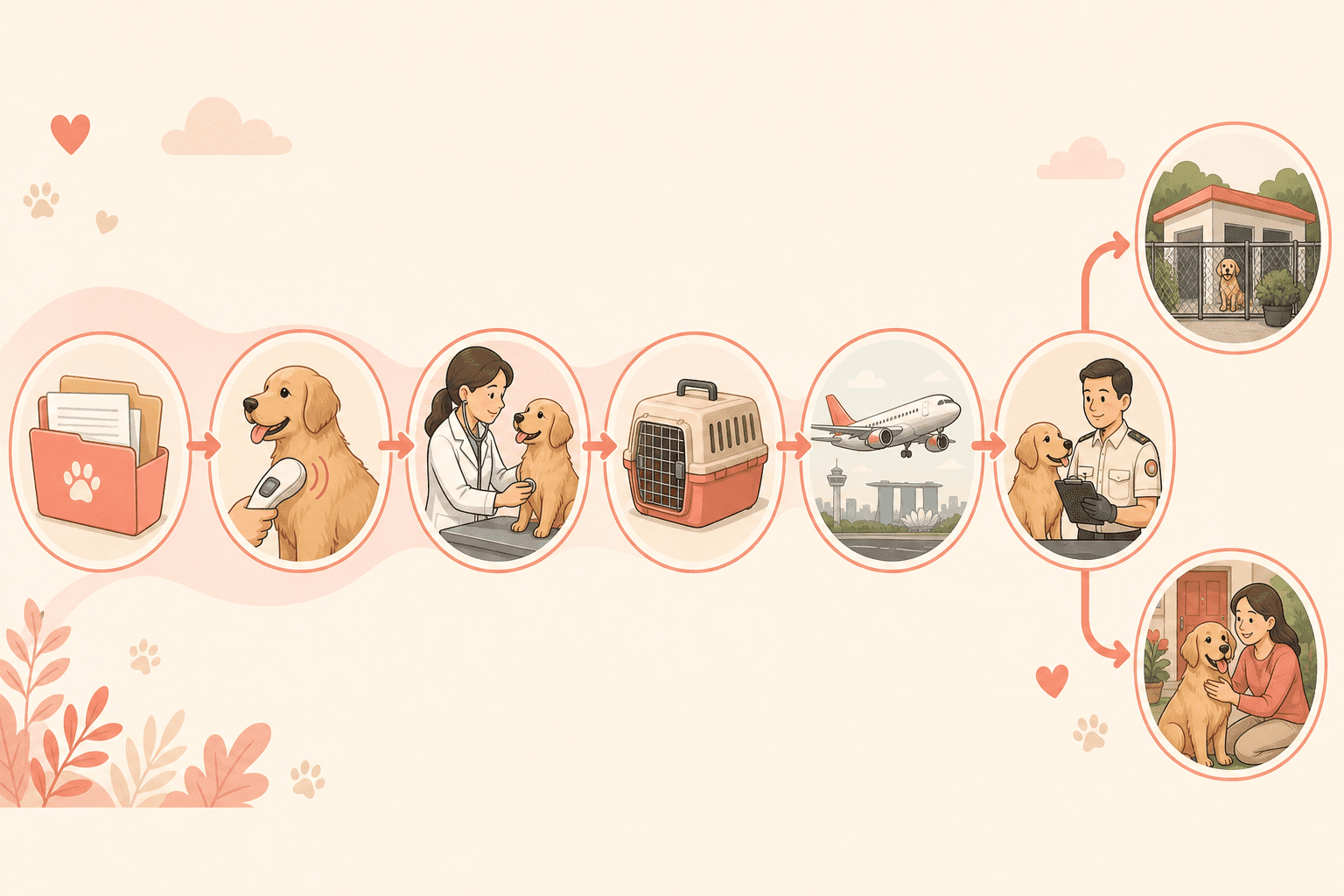 A visual flow shows a dog moving from paperwork and vet checks through flight arrival to inspection and either quarantine or release.