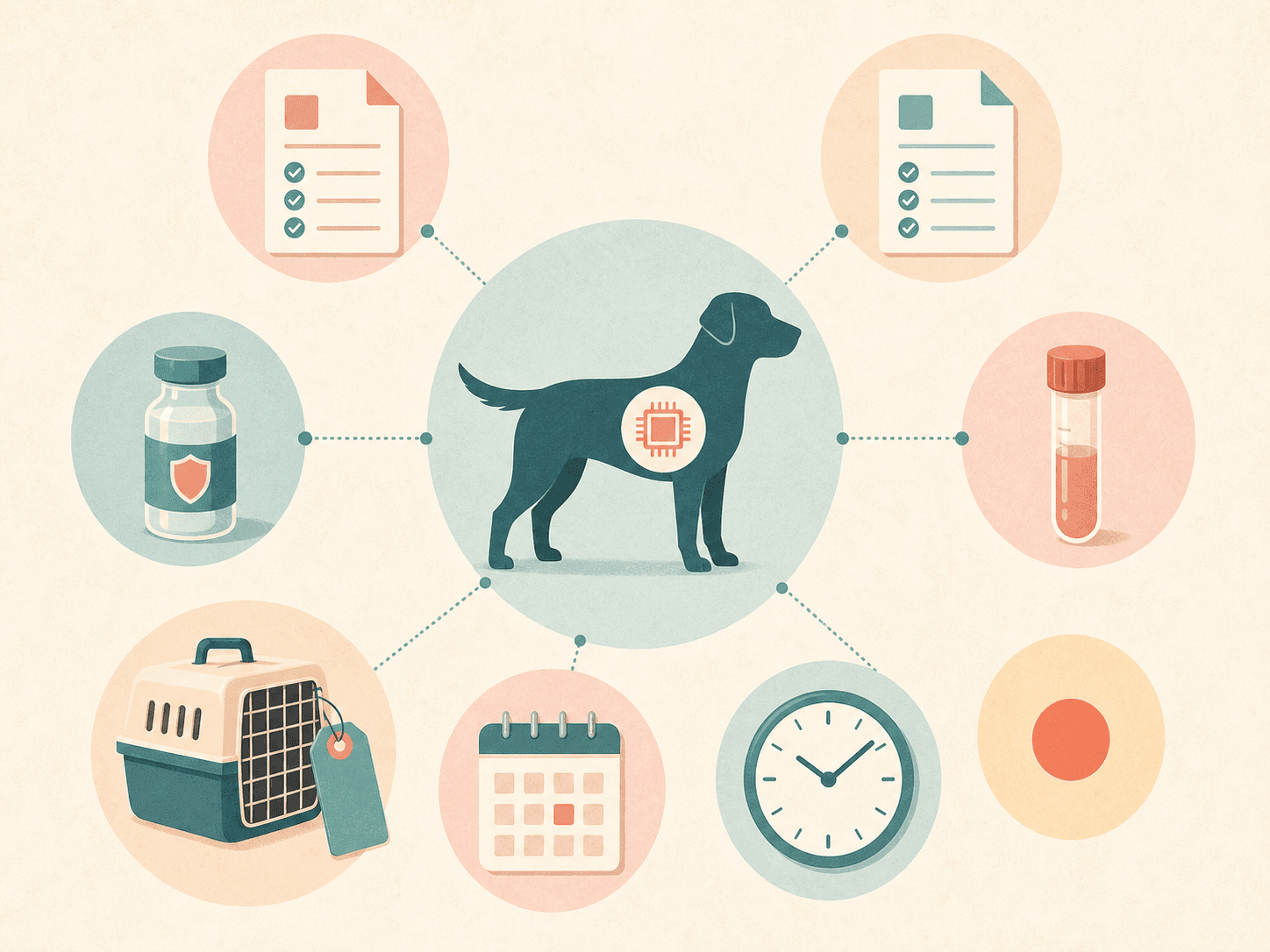 A dog is surrounded by connected travel documents, medical records, and timing icons to show that details must match across the paperwork.