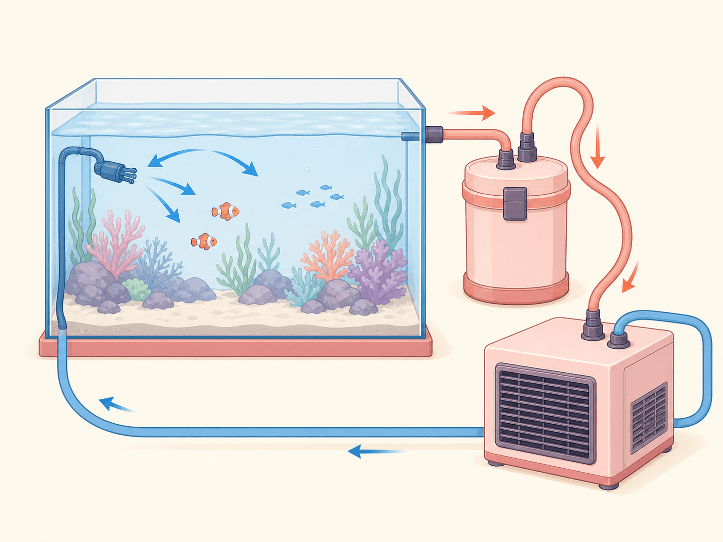 A diagram of an aquarium cooling system showing water flowing from the tank, through an external filter and chiller, and back into the tank.
