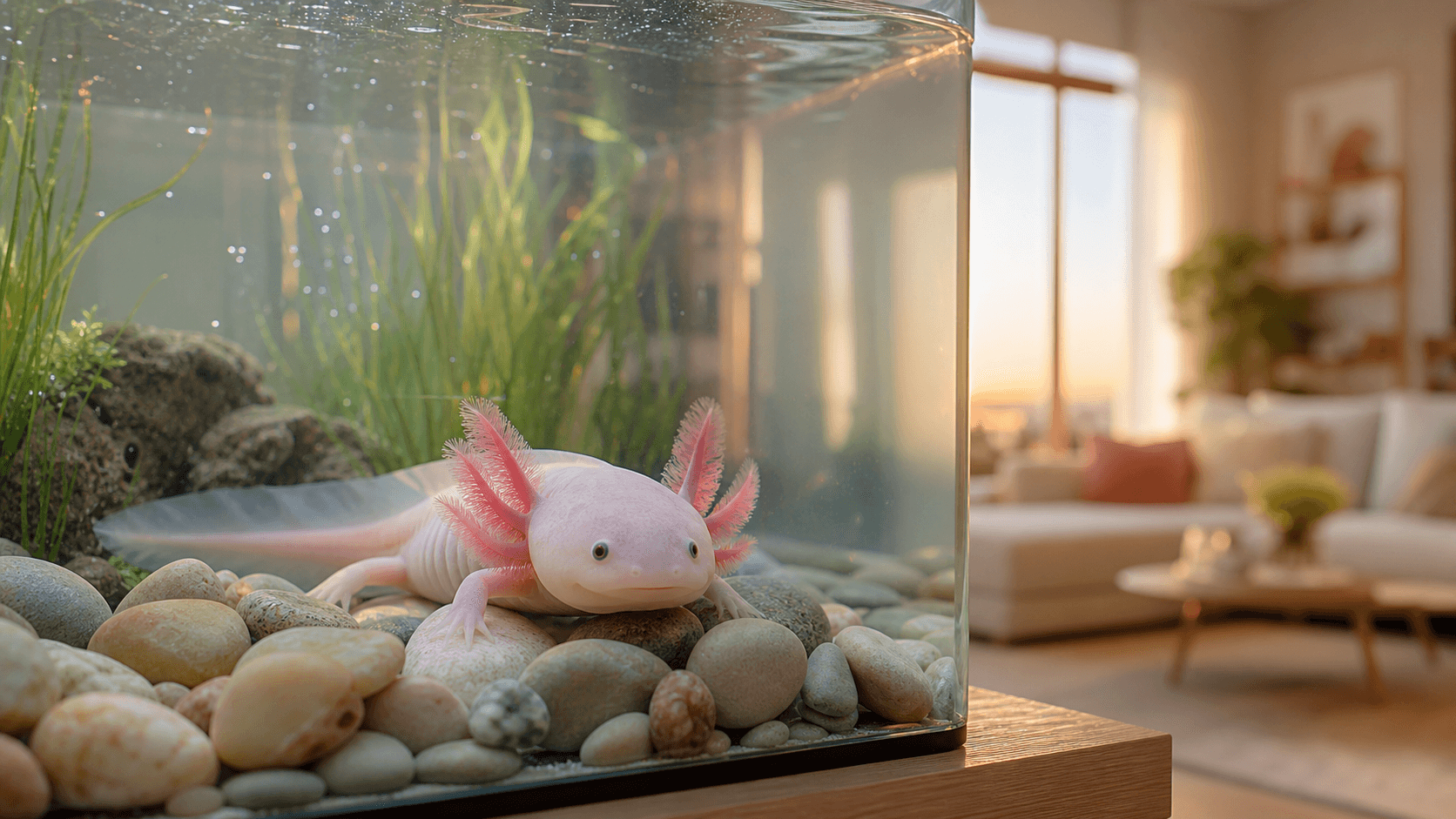 A pink axolotl resting comfortably at the bottom of a clean, cool aquarium inside a warm apartment.