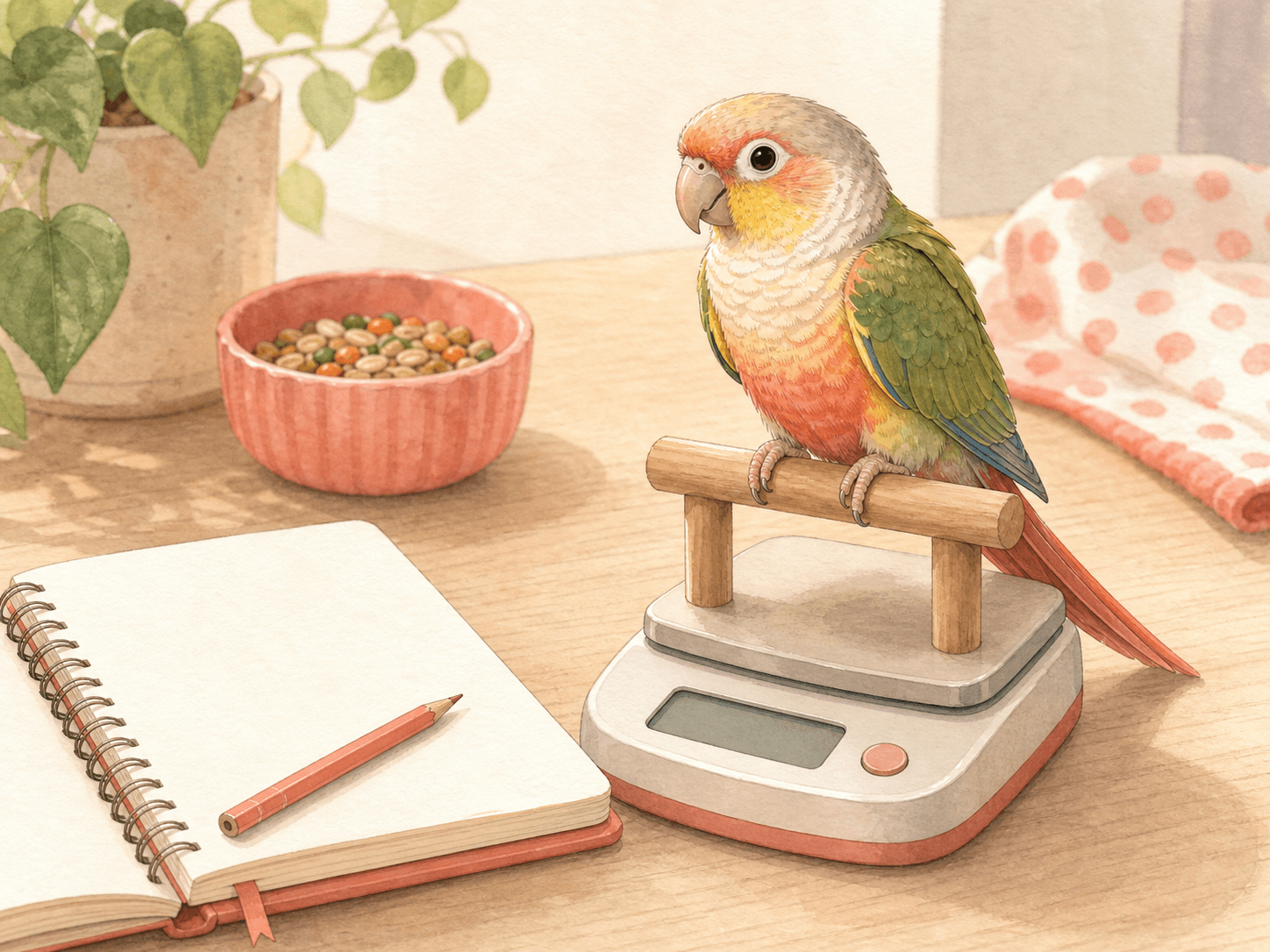 A parrot stands on a small scale while its owner tracks diet changes with a notebook nearby.