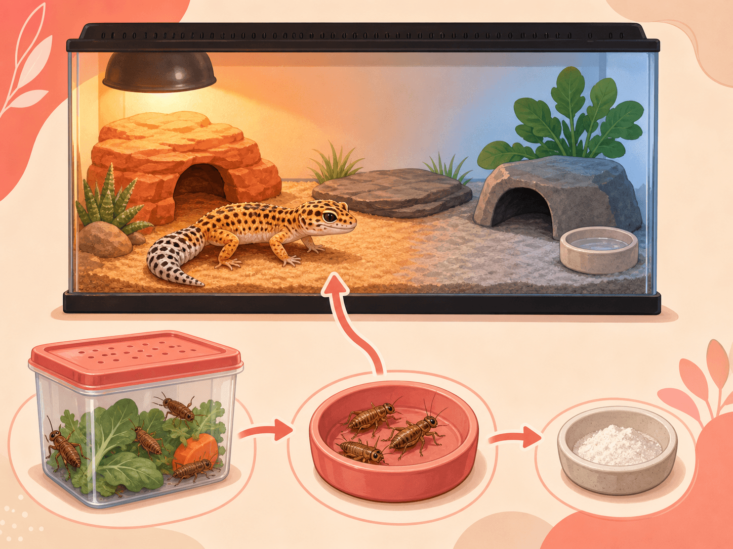 A leopard gecko feeding setup shows live insects, gut loading, calcium dusting, and warm terrarium zones.