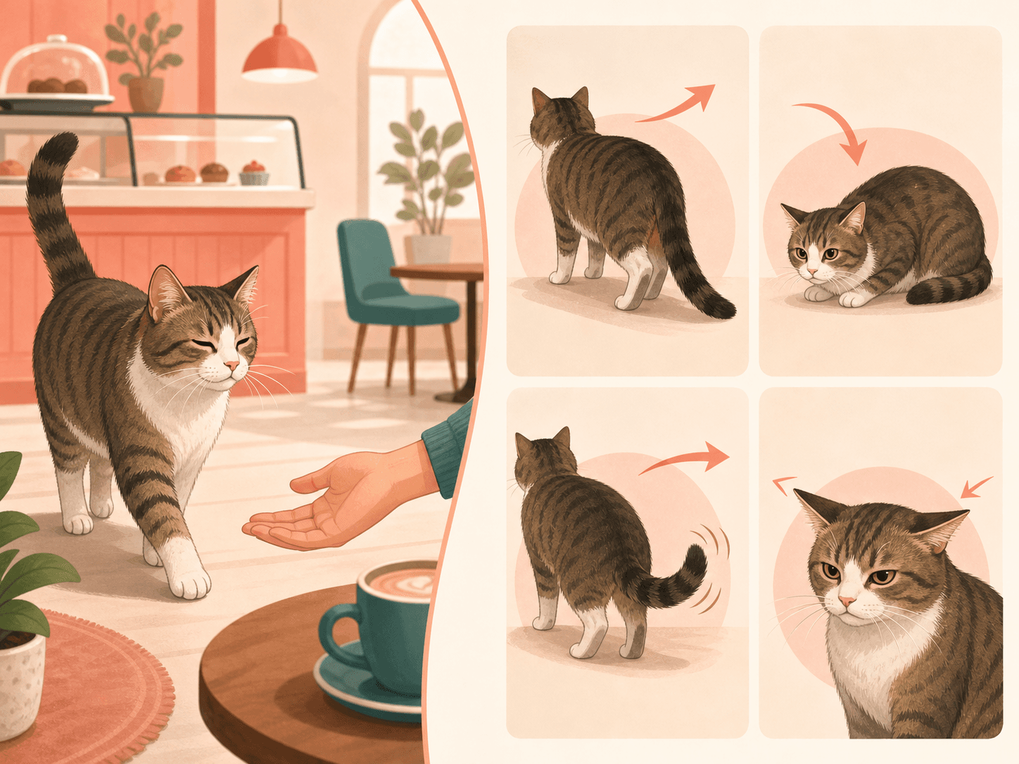 A diagram contrasts relaxed approach signals with common signs that a cat wants space.