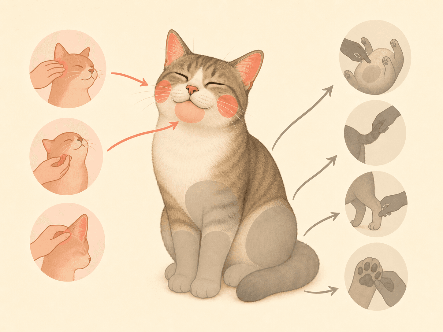 A cat body diagram highlights the cheeks, chin, and base of the ears as gentler places for brief touch.