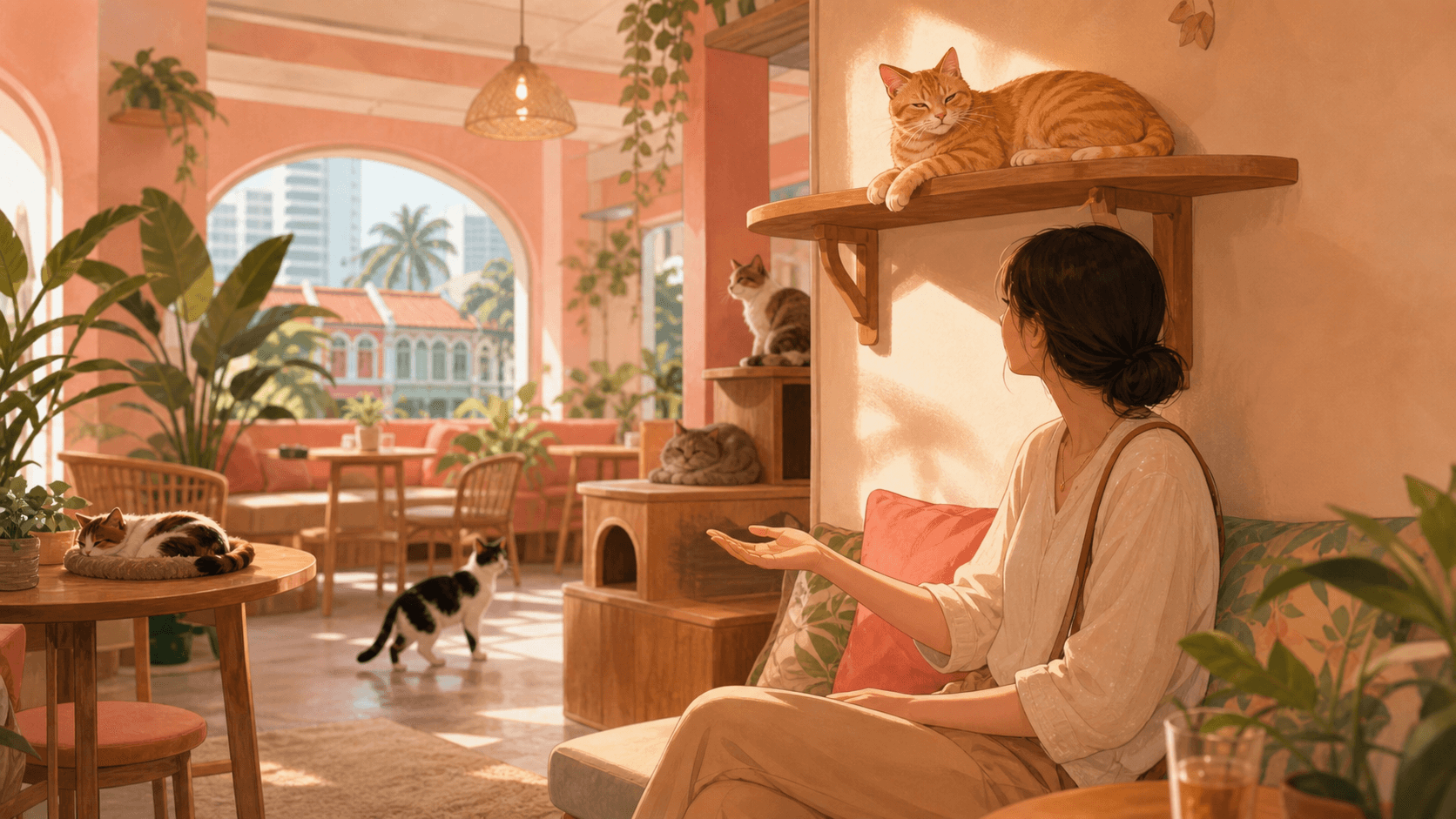A visitor sits calmly in a cat cafe while a relaxed cat rests on a shelf with space to choose whether to approach.