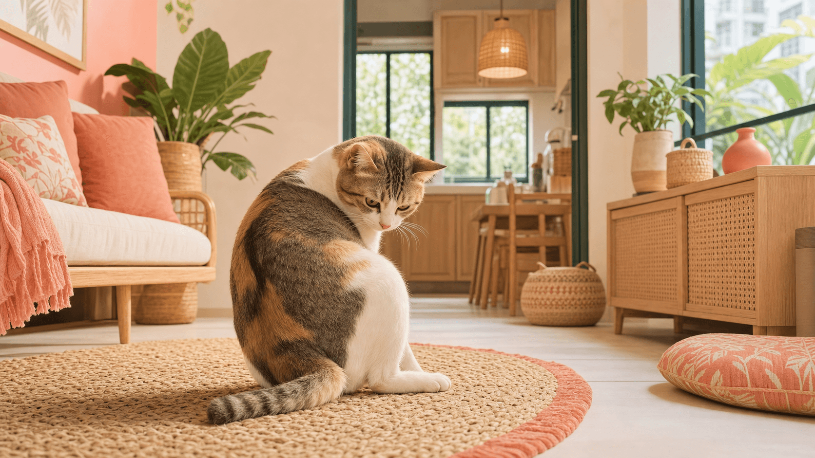 A cat looks back toward her rear end in a warm home setting, suggesting discomfort without graphic detail.