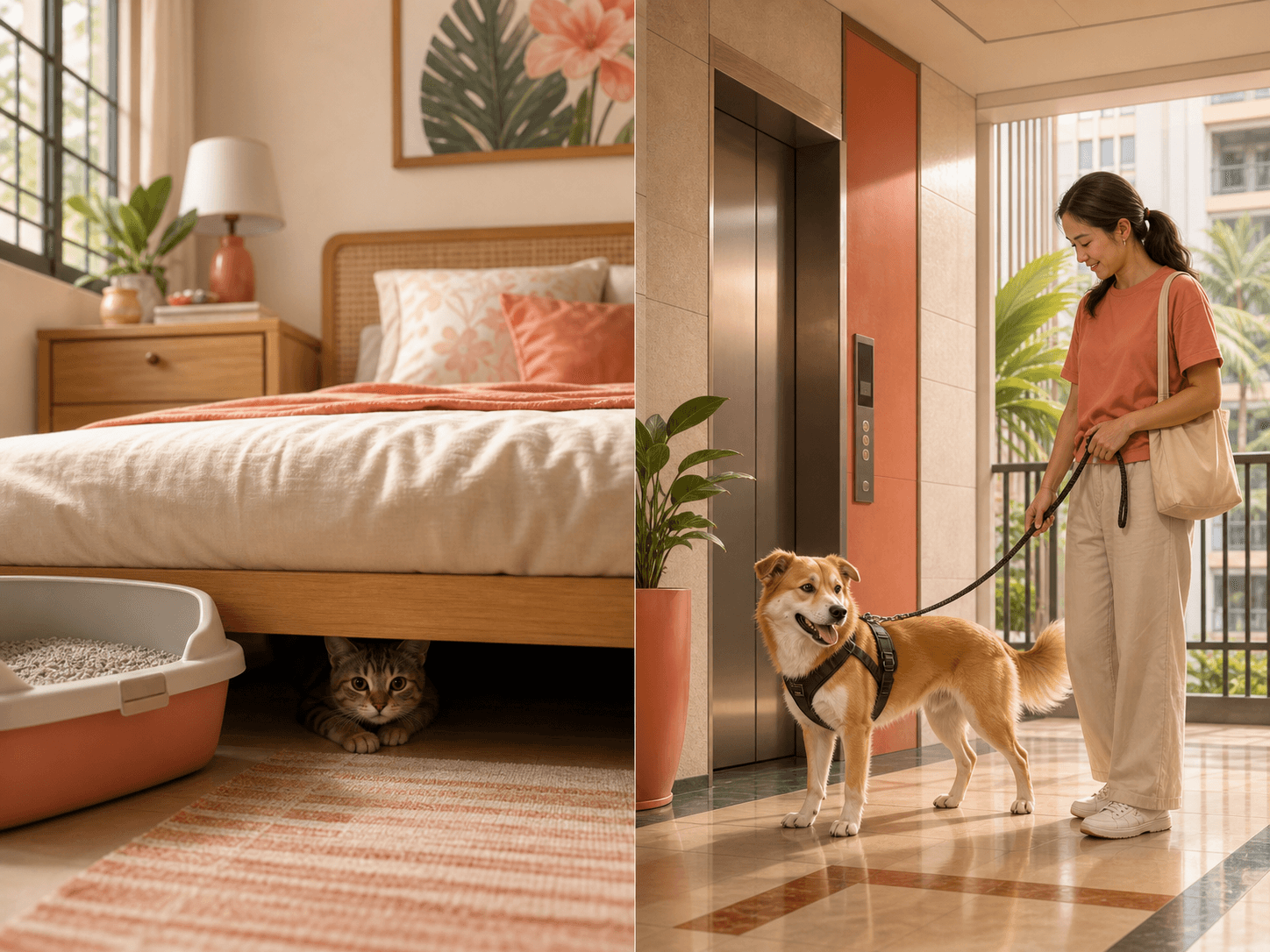 A shy cat hides near a litter box while a harnessed dog waits with a sitter near an apartment lift.