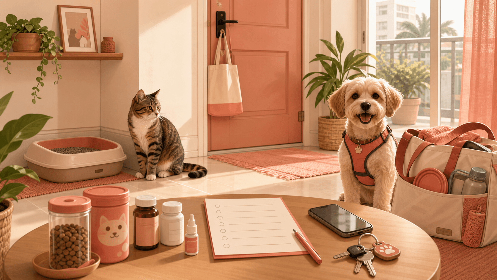 A cat and dog wait in a tidy apartment beside pet supplies, keys, and a sitter handover checklist.