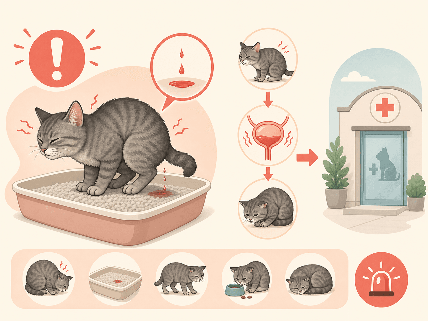 A diagram shows a cat straining in a litter box with tiny urine drops and a visual path toward veterinary care.