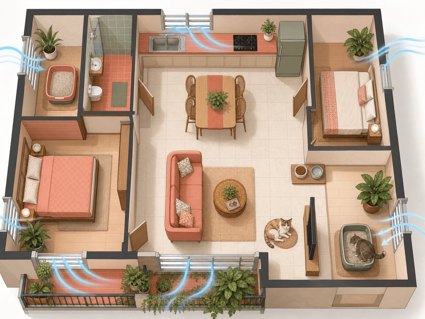 A top-down home layout shows separated litter boxes, easy access, airflow, and calm spaces for cats.