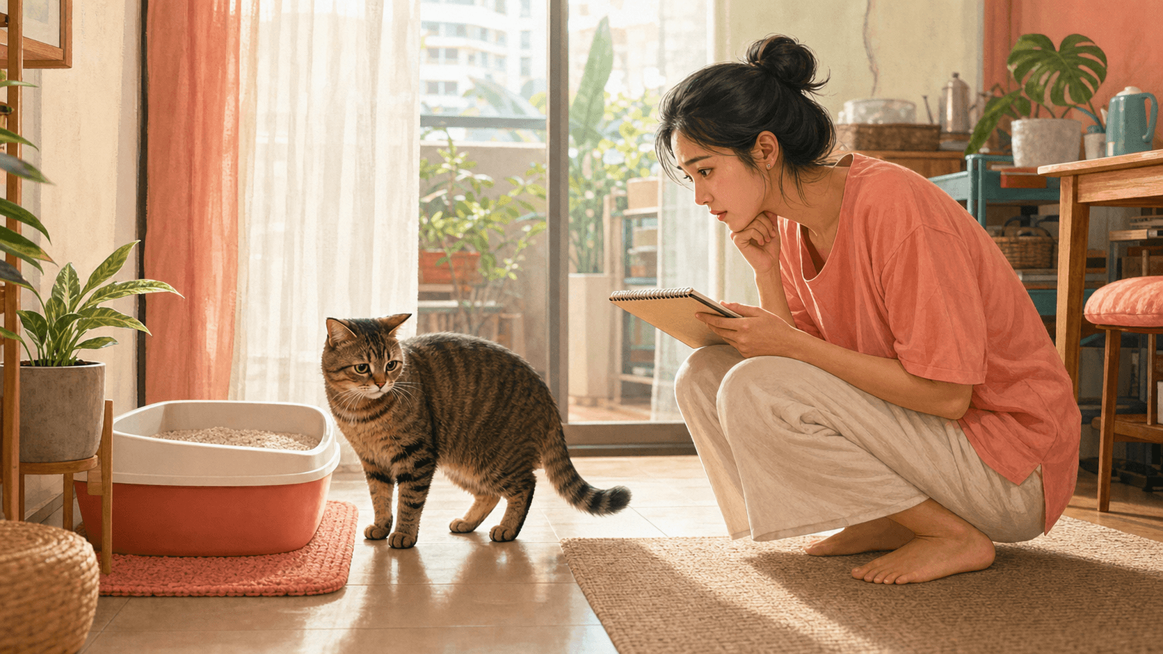 A concerned owner watches a tabby cat beside a litter box in a warm apartment setting.