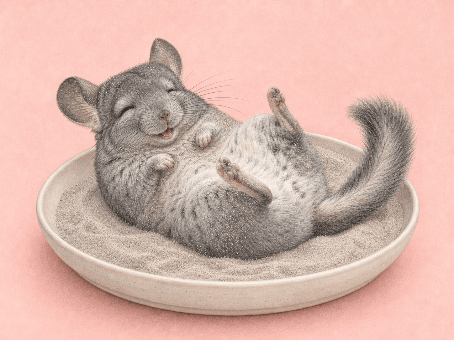 A colored pencil drawing of a happy chinchilla taking a dry dust bath to keep its fur clean and dry.