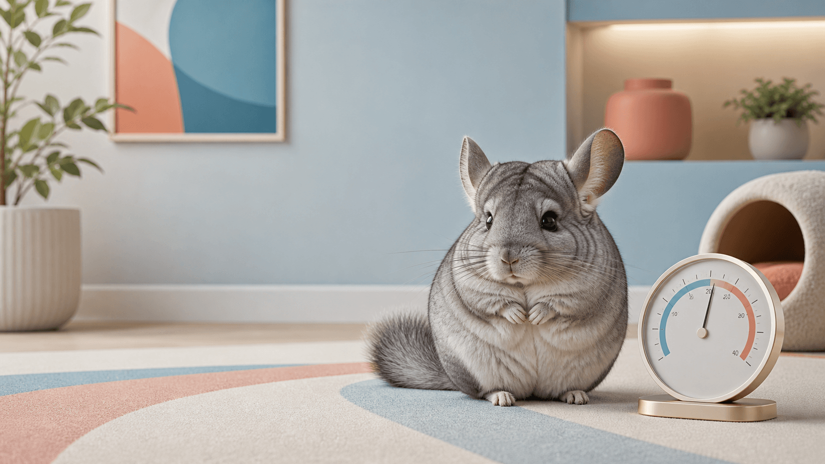 A fluffy grey chinchilla resting safely in a cool, air-conditioned room away from sunny windows, rendered in a warm and gentle editorial illustration style.